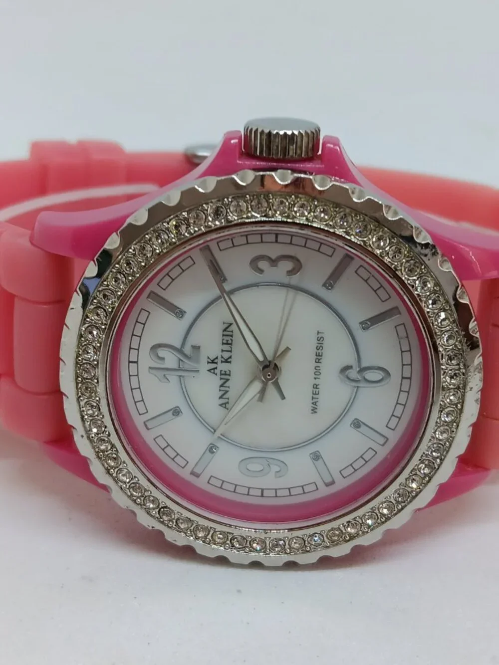 Anne Klein AK10/9439 Women's 39mm MOP Dial Pink Crystal Accent Watch NEW BATTERY